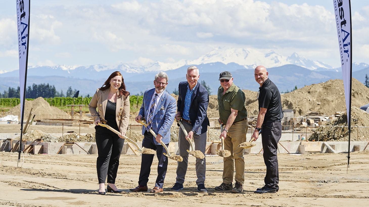 Picture of Alex Mitchell - CEO Abbotsford Chamber, MLA Bruce Banman, Mayor Ross Siemens & Bill Vandenberg – Contractor, CEO Dylan Fast breaking ground at facility construction location.